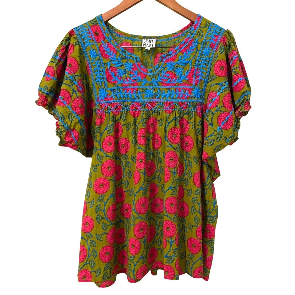 Sister Mary Floral Embroidered Blouse Large 100% Cotton Ivy Jane Colorful Boho